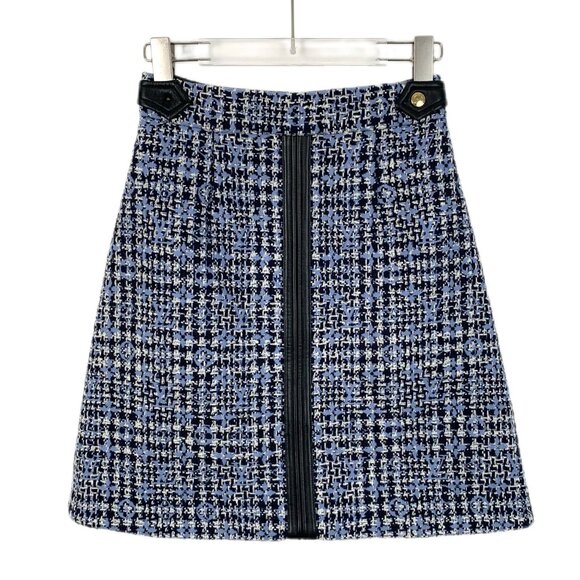 Louis Vuitton Blue & White Tweed A-Line Mini Skirt With Leather Accents & Gold H - Picture 1 of 8